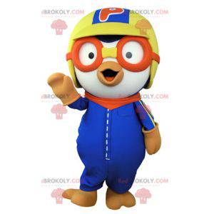 White bird mascot dressed in colorful aviator outfit -