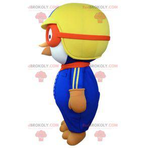 White bird mascot dressed in colorful aviator outfit -