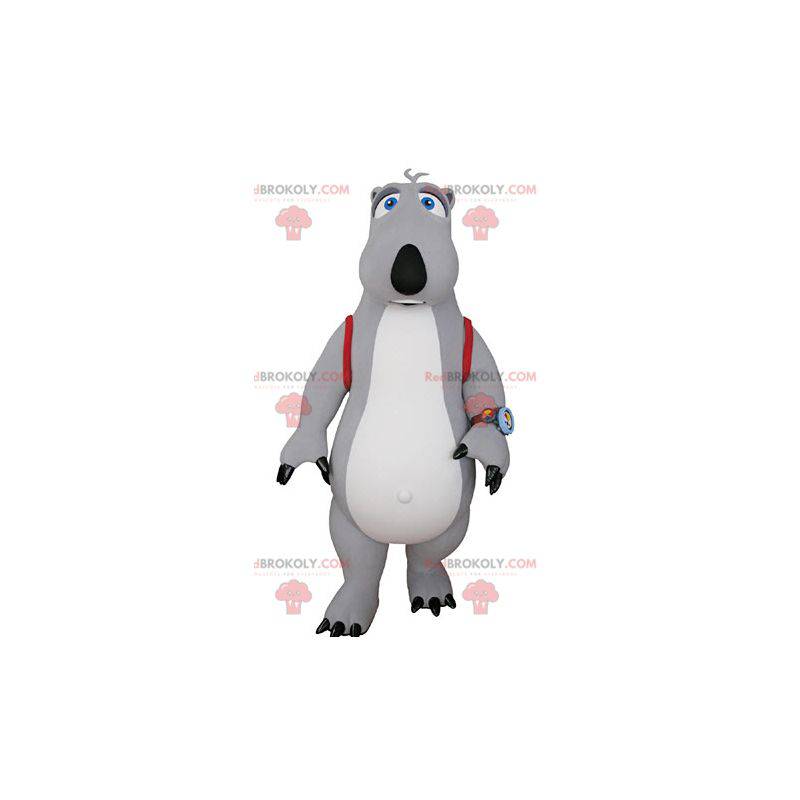 Mascota oso gris y blanco con una mochila. - Redbrokoly.com