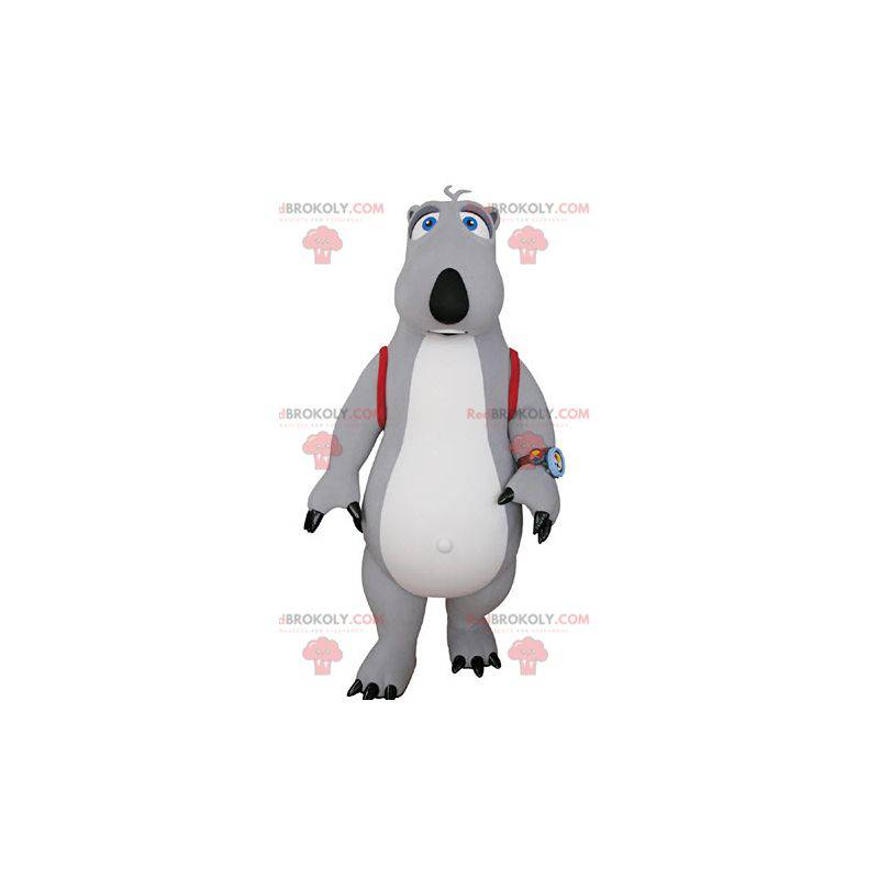 Mascotte orso grigio e bianco con una cartella - Redbrokoly.com Mascotte orso grigio e bianco con una cartella - Redbrokoly.com
