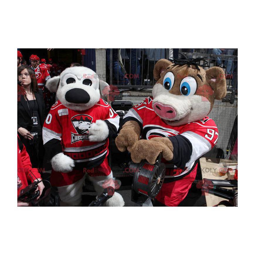2 mascots a gray dog and a brown and white pig - Redbrokoly.com