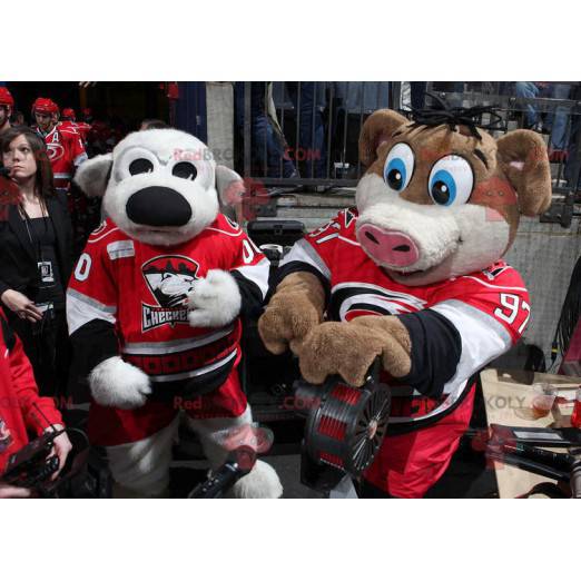 2 mascots a gray dog and a brown and white pig - Redbrokoly.com