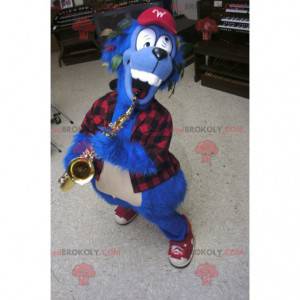 Bláznivý modrý pes maskot s kostkovanou košili