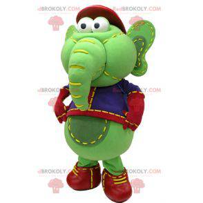 Mascotte elefante verde e giallo in abito blu e rosso -
