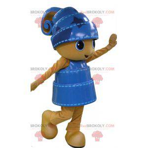 Mascote do boneco de neve amarelo e azul muito sorridente -