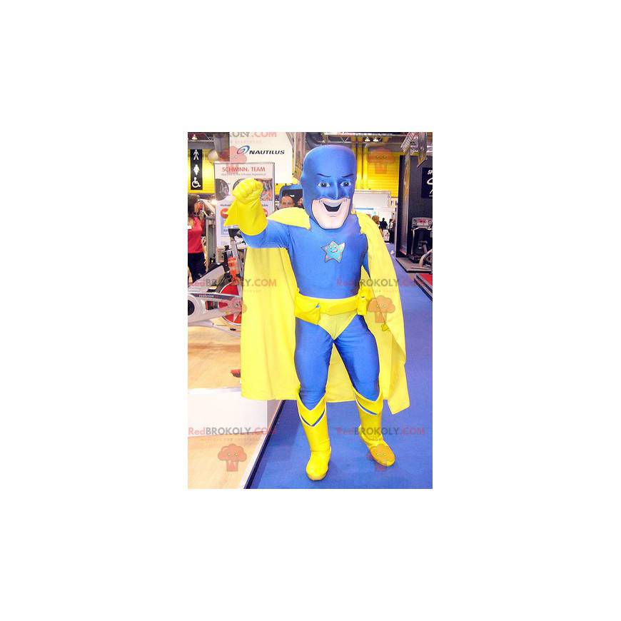 Superheld mascotte in geel en blauw combinatie - Redbrokoly.com