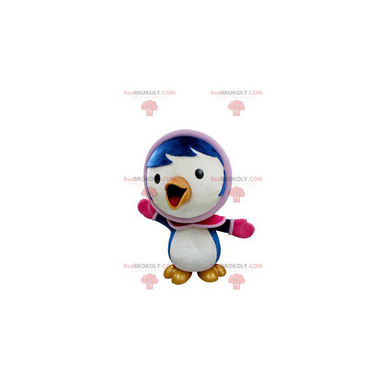 Blue and white bird mascot in winter outfit - Redbrokoly.com