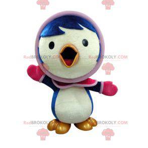 Mascotte d'oiseau bleu et blanc en tenue d'hiver -