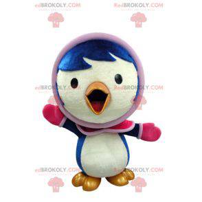 Mascotte d'oiseau bleu et blanc en tenue d'hiver -