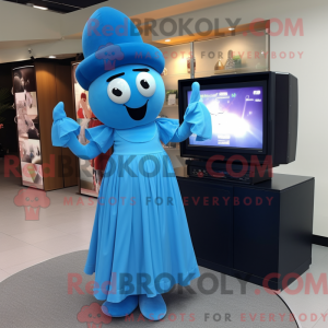 Blå TV-maskotdraktfigur...