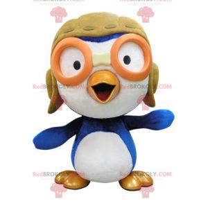 Blue and white bird mascot in aviator outfit - Redbrokoly.com