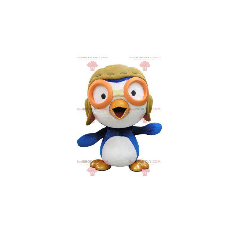 Blue and white bird mascot in aviator outfit - Redbrokoly.com