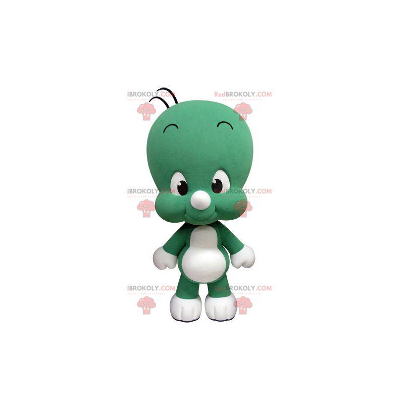 Mascotte de petit bonhomme vert et blanc mignon et rigolo -
