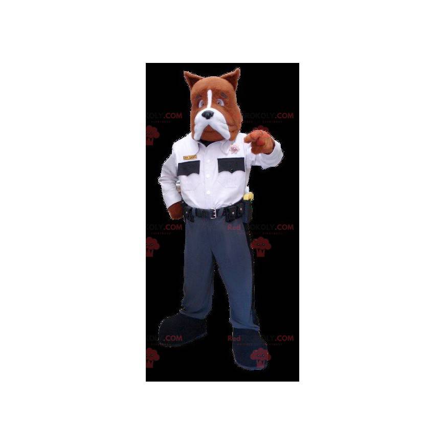 Mascote cachorro marrom e branco em uniforme de policial -