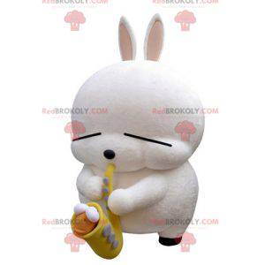 Mascotte de gros lapin blanc avec un saxophone - Redbrokoly.com