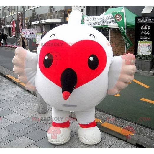 Mascot gran pájaro blanco con un bonito corazón rojo -
