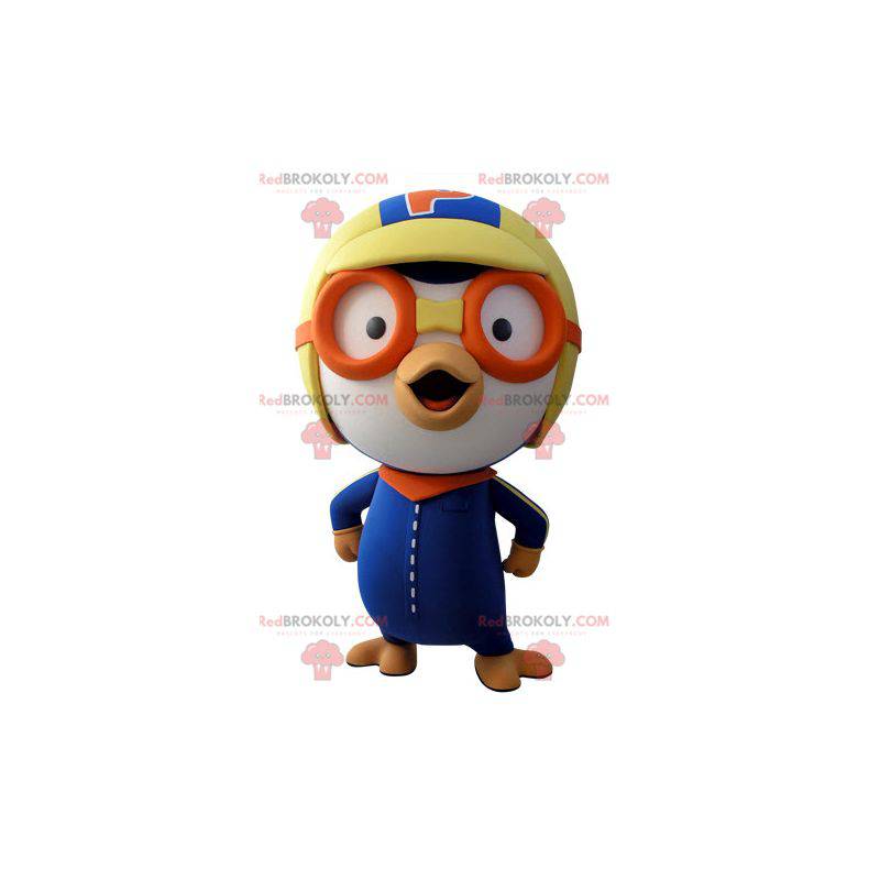 Blue and white bird mascot in aviator outfit - Redbrokoly.com