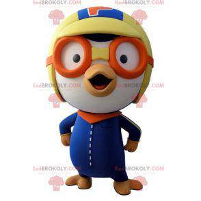 Blaues und weißes Vogelmaskottchen im Fliegeroutfit -