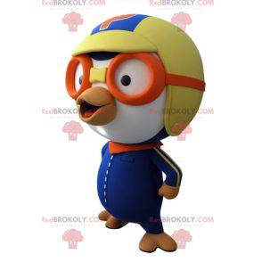 Blaues und weißes Vogelmaskottchen im Fliegeroutfit -