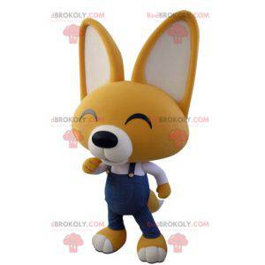 Mascotte de renard jaune et blanc en salopette - Redbrokoly.com