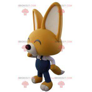 Mascotte de renard jaune et blanc en salopette - Redbrokoly.com