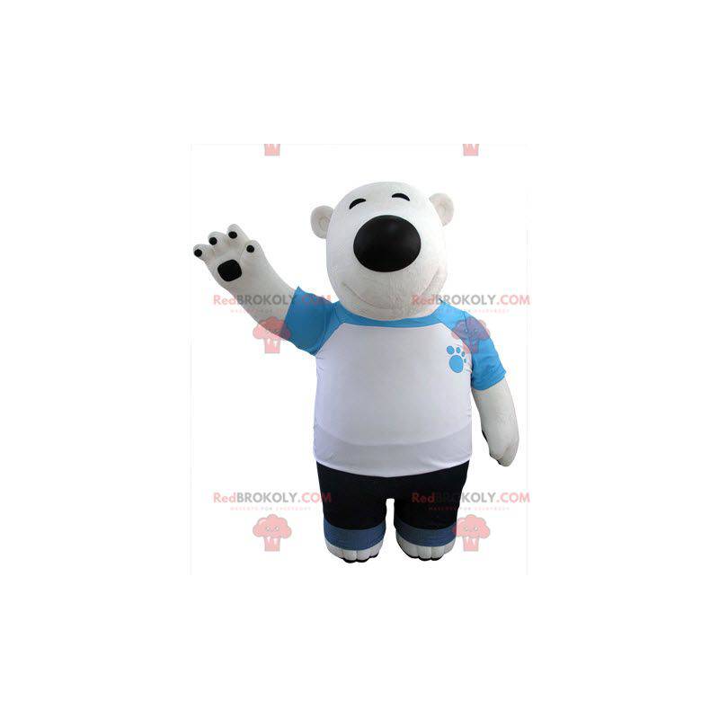 IJsbeer mascotte en zwart gekleed in blauw en wit -