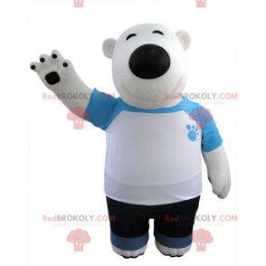 Mascotte d'ours blanc et noir habillé en bleu et blanc -