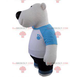 Polar bear mascot and black dressed in blue and white -