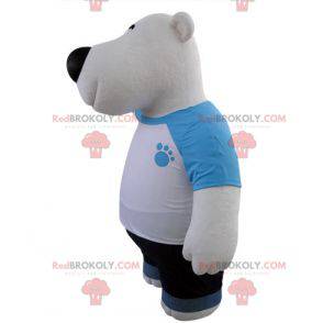 Eisbärenmaskottchen und Schwarz gekleidet in Blau und Weiß -