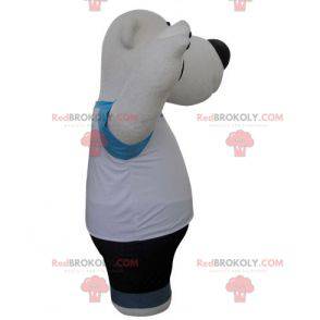 Mascotte d'ours blanc et noir habillé en bleu et blanc -