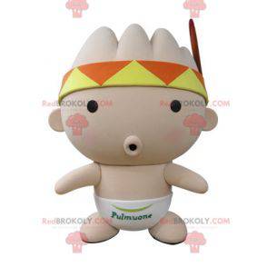 Rosa Babymaskottchen mit einem Kopftuch und einer Feder -