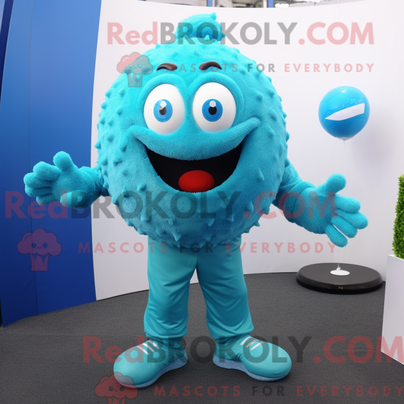 Cyan Meatballs Maskottchen Kostüm Charakter gekleidet mit einem Pullover und Handschuhe - RedBrokoly.com