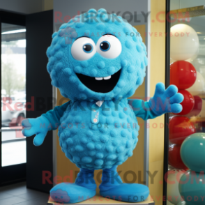 Cyan Meatballs Maskottchen Kostüm Charakter gekleidet mit einem Pullover und Handschuhe - RedBrokoly.com