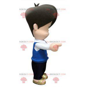 Man mascot looking angry in blue and black outfit -