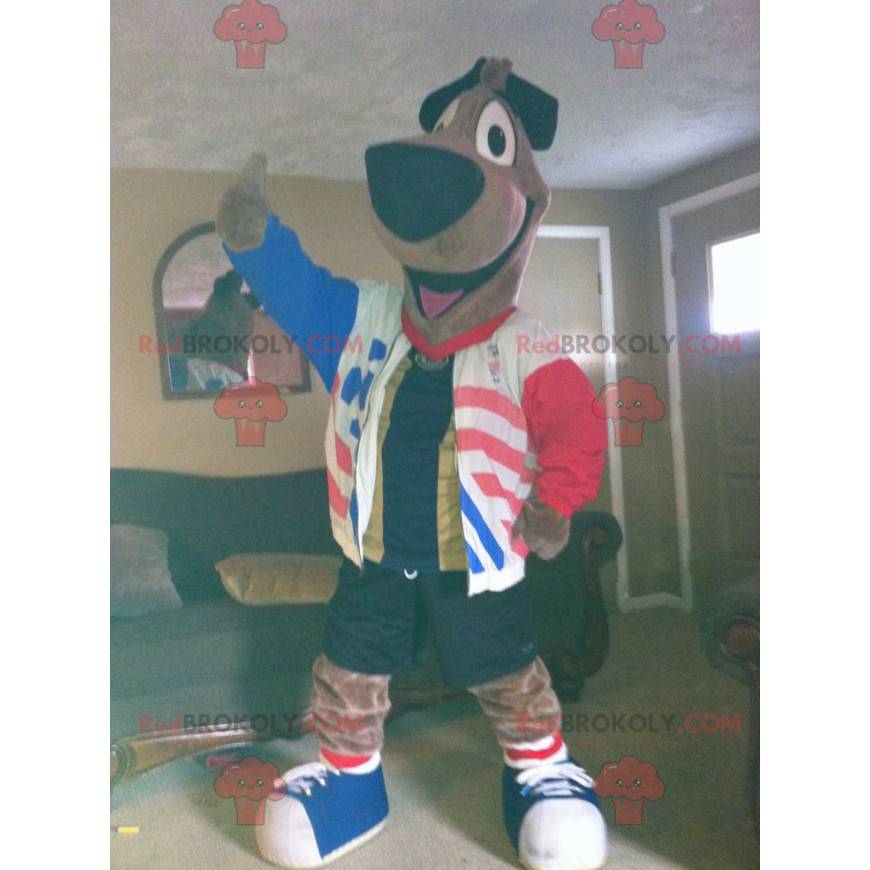 Large brown dog mascot with a red white blue jacket -