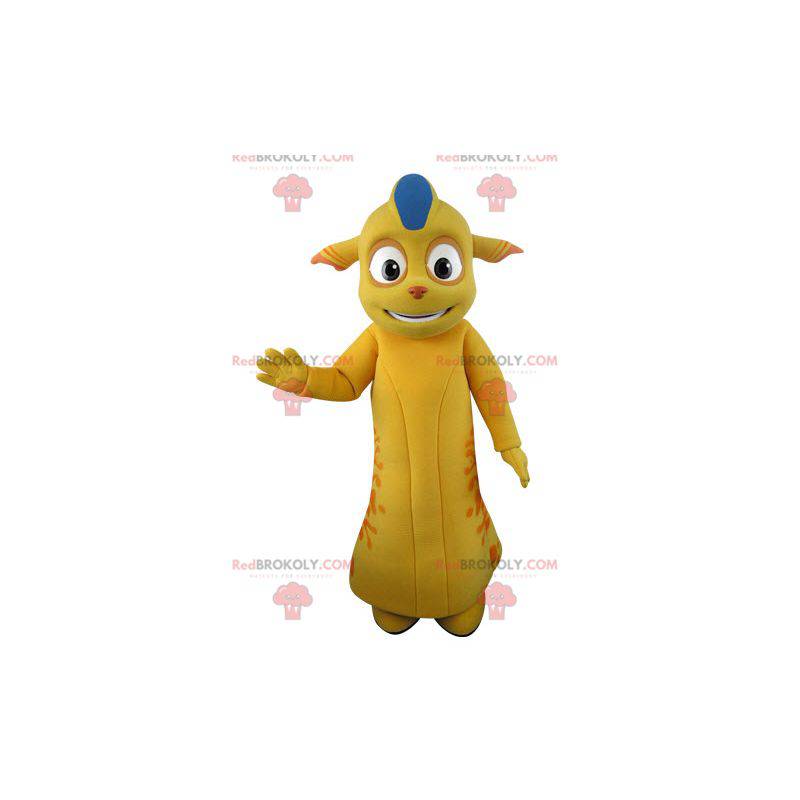 Mascote monstro amarelo e laranja com orelhas pontudas -