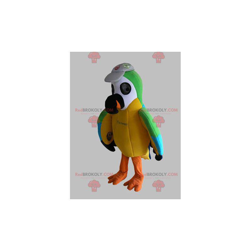 Mascote papagaio multicolorido verde amarelo e azul -