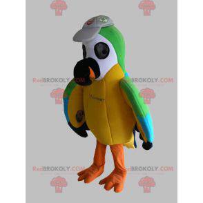 Mascote papagaio multicolorido verde amarelo e azul -