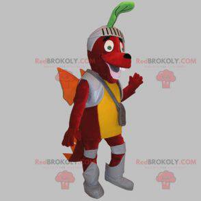 Mascotte del cane drago rosso vestita come un cavaliere -