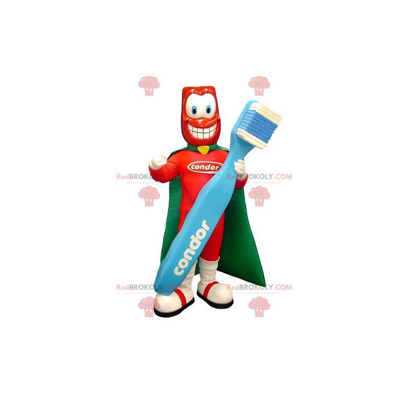 Mascote do super-herói com uma escova de dentes gigante -