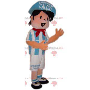 Mascotte del ragazzo calciatore in blu e bianco - Redbrokoly.com