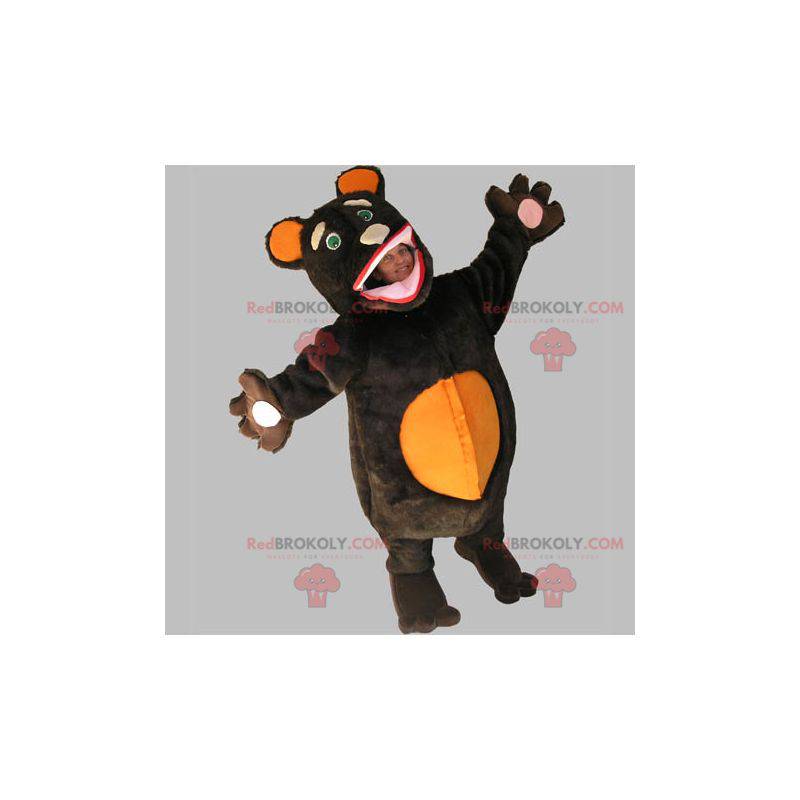 Mascota de oso marrón y naranja suave y regordeta -
