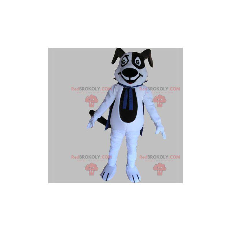 Schwarzweiss-Hundemaskottchen mit einem blauen Umhang -