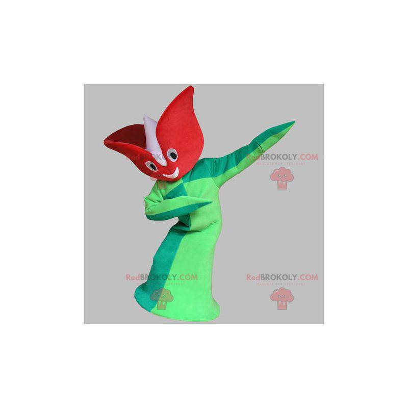 Mascote gigante de tulipa de flores vermelhas e verdes -