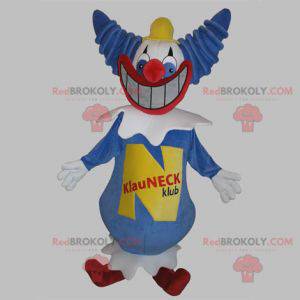 Blauw-witte clownmascotte met een brede glimlach -