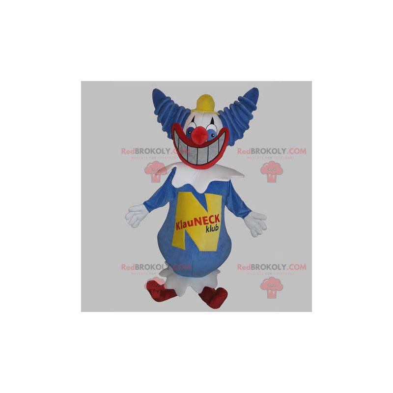 Blaues und weißes Clownmaskottchen mit einem breiten Lächeln -