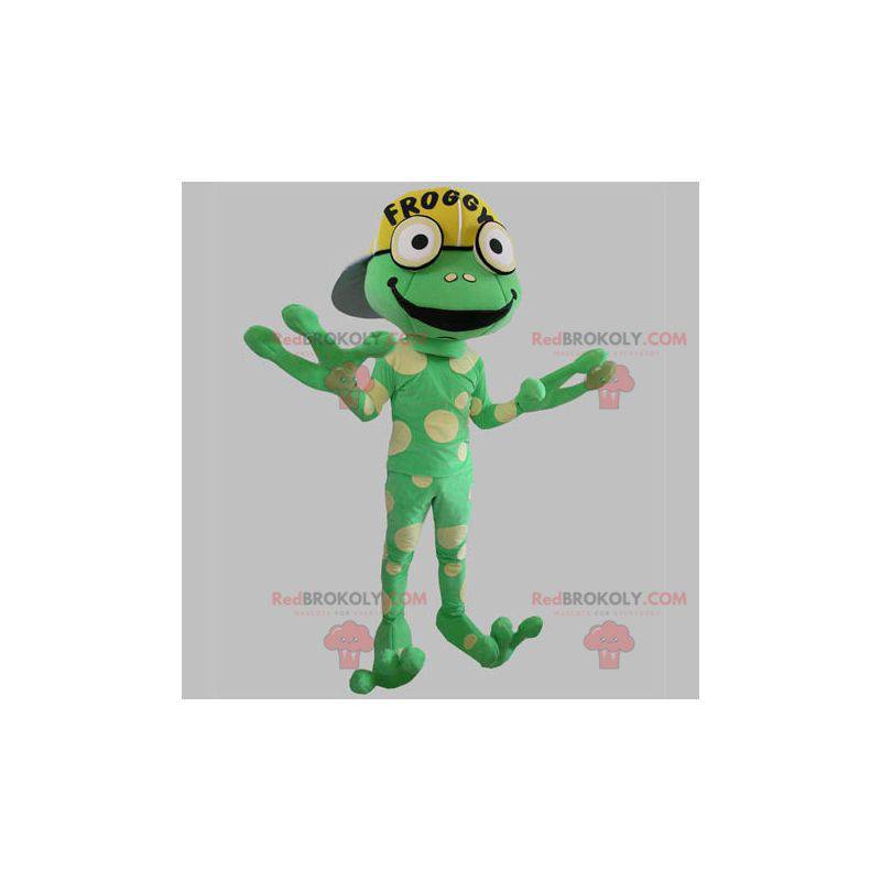 Giant green frog mascot with yellow dots - Redbrokoly.com