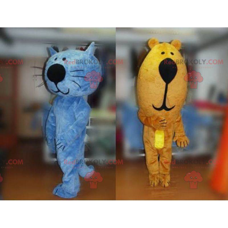 2 mascotes, um gato azul e um urso marrom - Redbrokoly.com