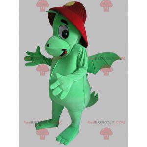 Mascotte de dragon vert avec un casque rouge - Redbrokoly.com