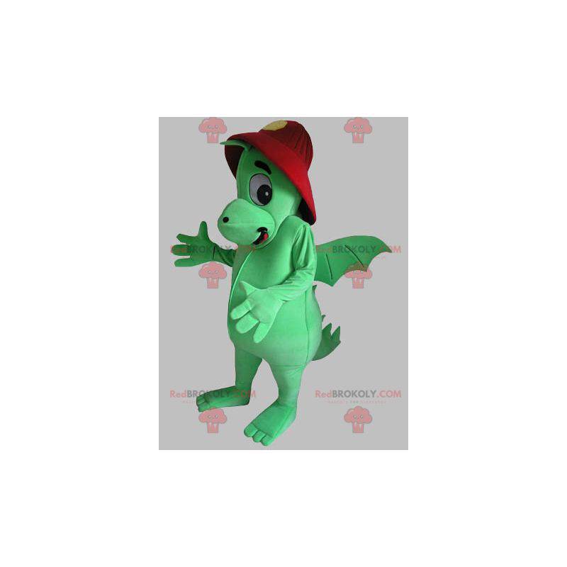 Grünes Drachenmaskottchen mit rotem Helm - Redbrokoly.com